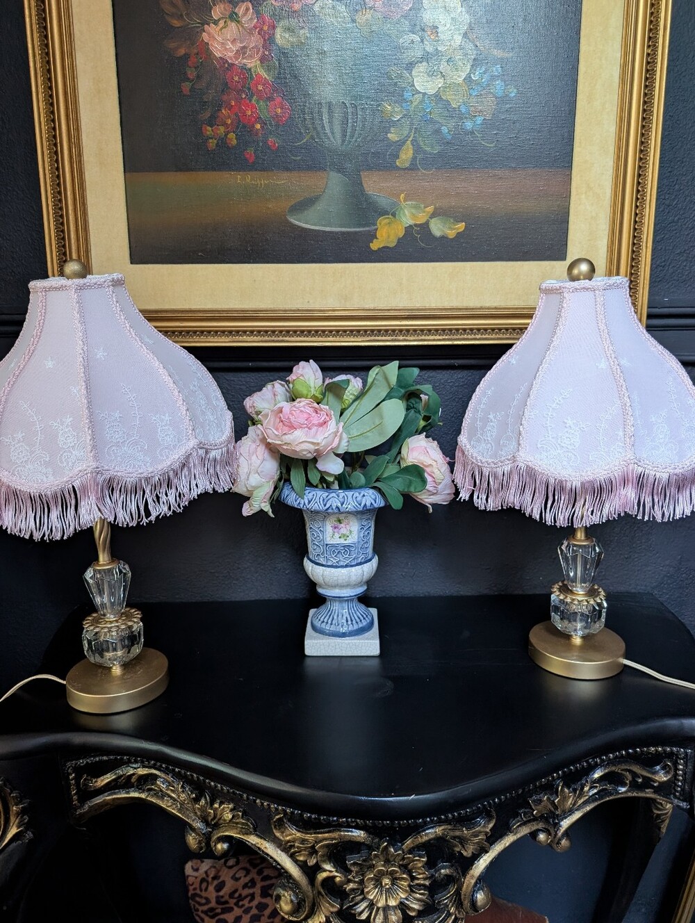 Vintage, Set of 2, Crystal & Gold Metal Boudoir Table Lamp w/ like new Shade